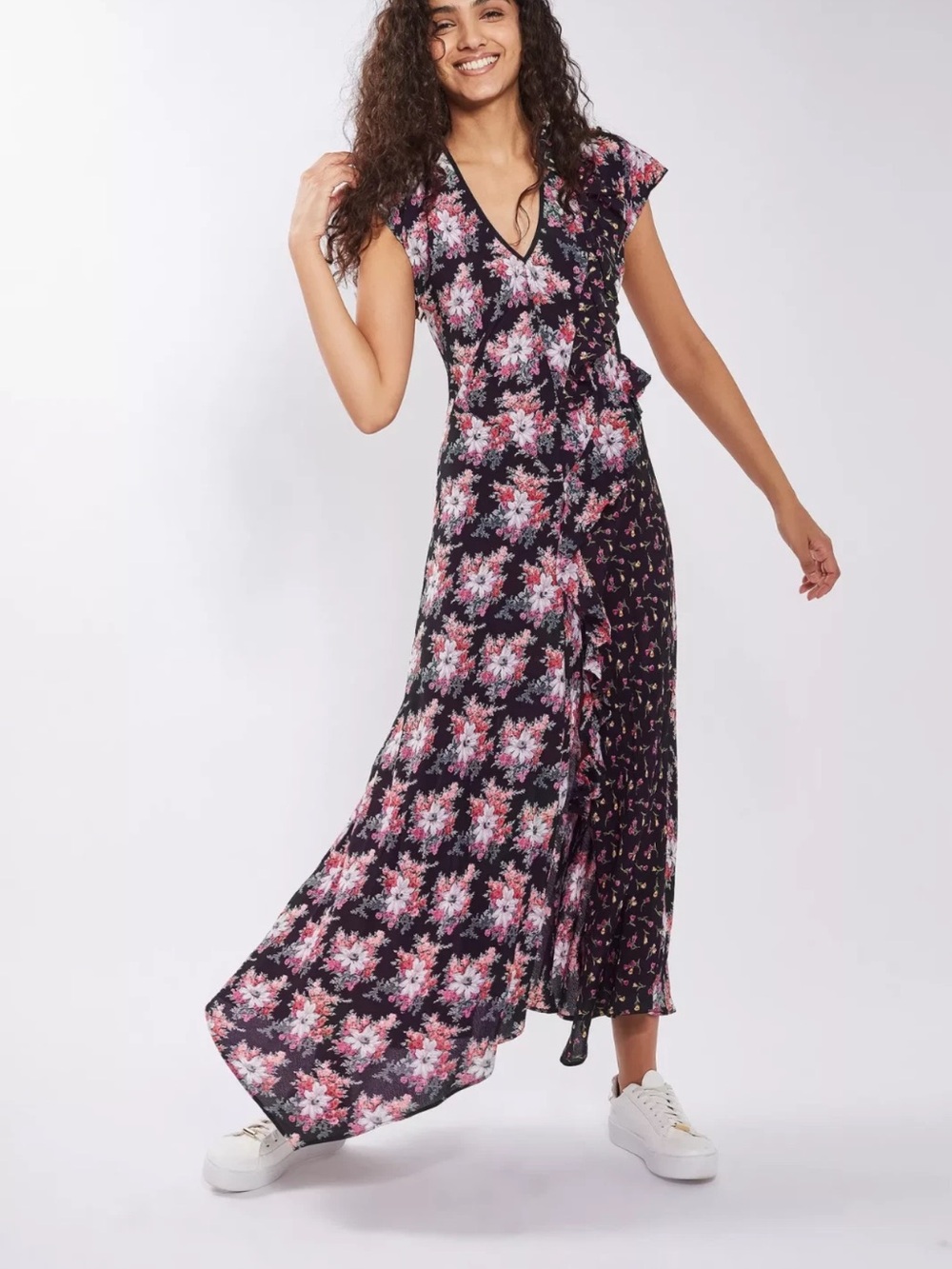 Topshop Nordstrom floral ruffle lace-up back splice d-ring maxi dress Size 4